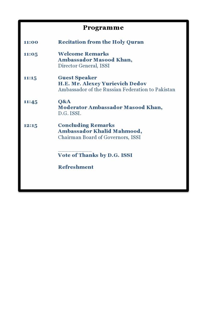 Programme; Public Talk by Russain Ambassador to Pakistan 17-3-16
